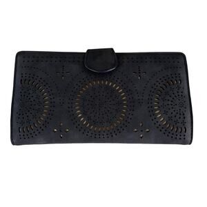 Violet Ray Black Vegan Suede Leather Tooled Medallion Large Wallet